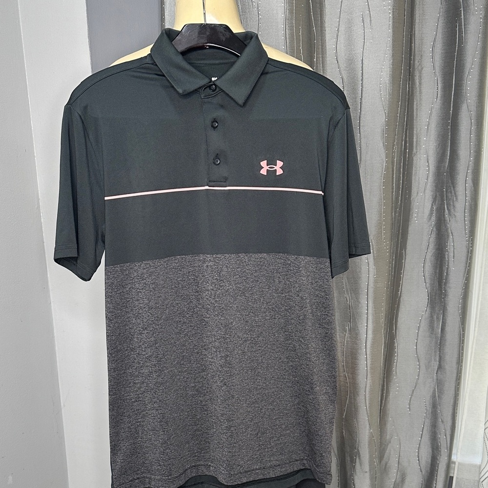 Under Armour Men's Polo Shirt Sz S in Black and Gray with Pink Accent